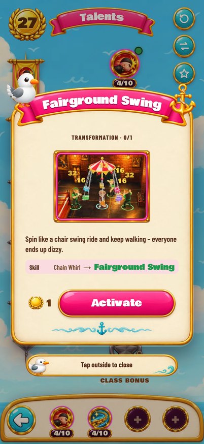 “Fairground Swing” window with a preview of the skill and an “Activate” button