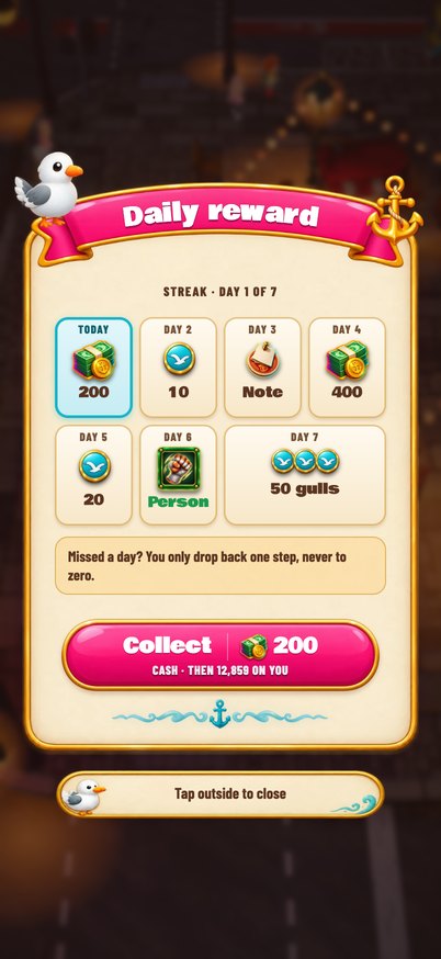 “Daily reward” window with seven days