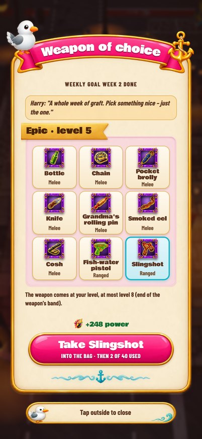 “Weapon of choice” window with nine weapons to pick from