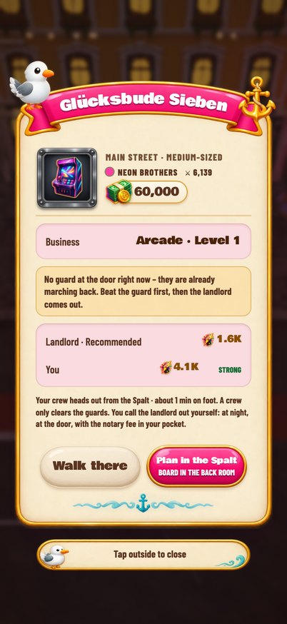 Window of the arcade “Glücksbude Sieben”: landlord, power comparison and a “Plan in the Spalt” button
